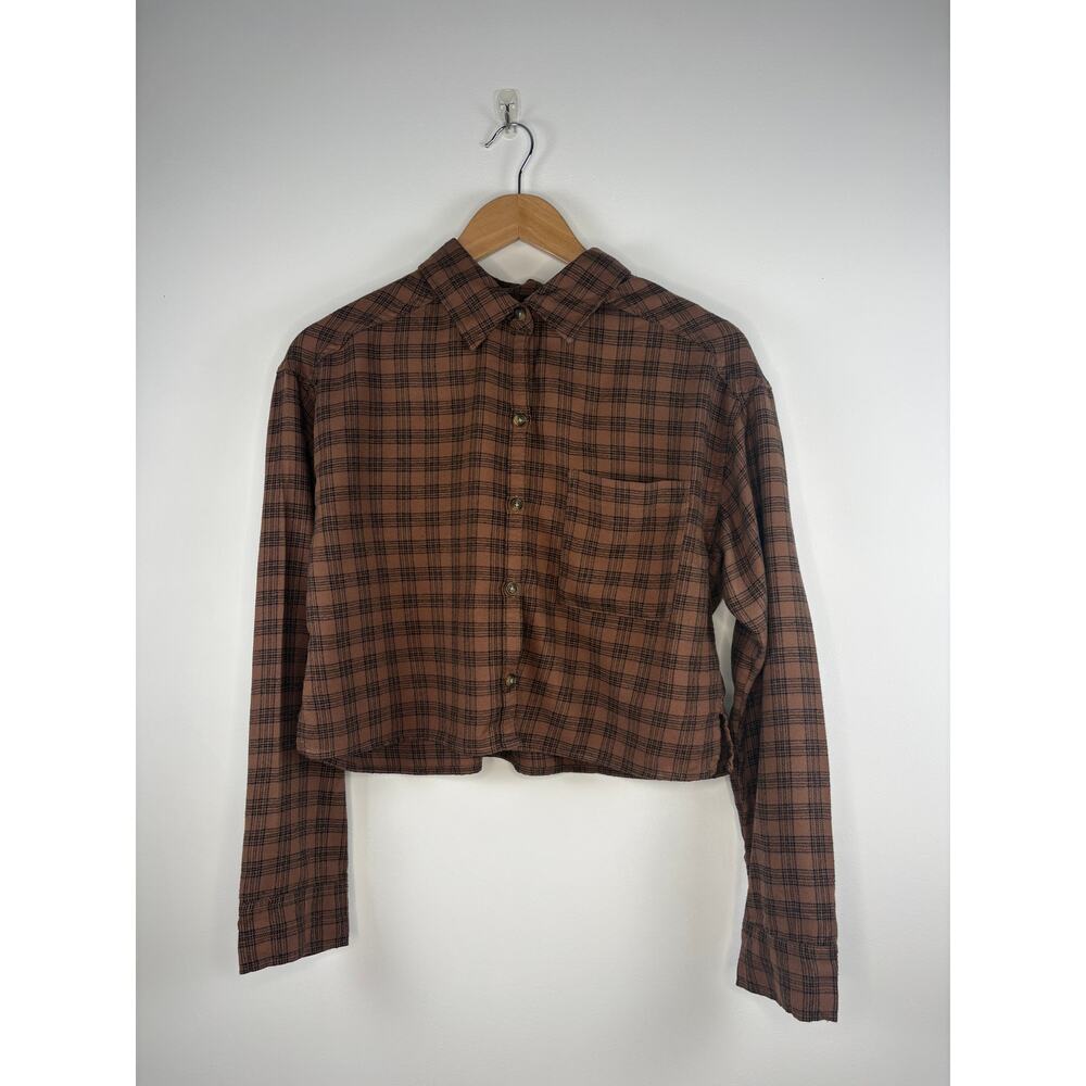 Hollister Long-Sleeved Brown Plaid Grunge Crop Boxy Shirt in Small